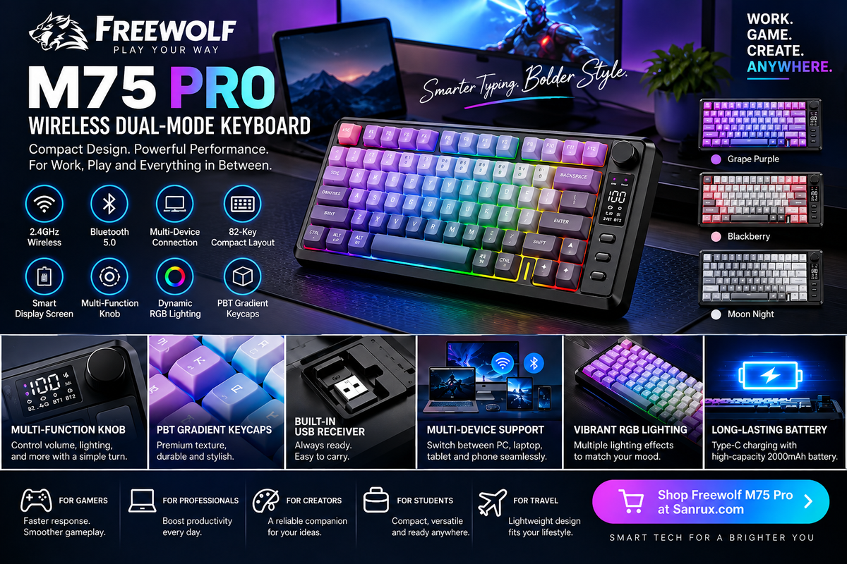 FREEWOLF M75 Pro Wireless Keyboard: Compact Control for Work, Gaming & Everyday Creativity