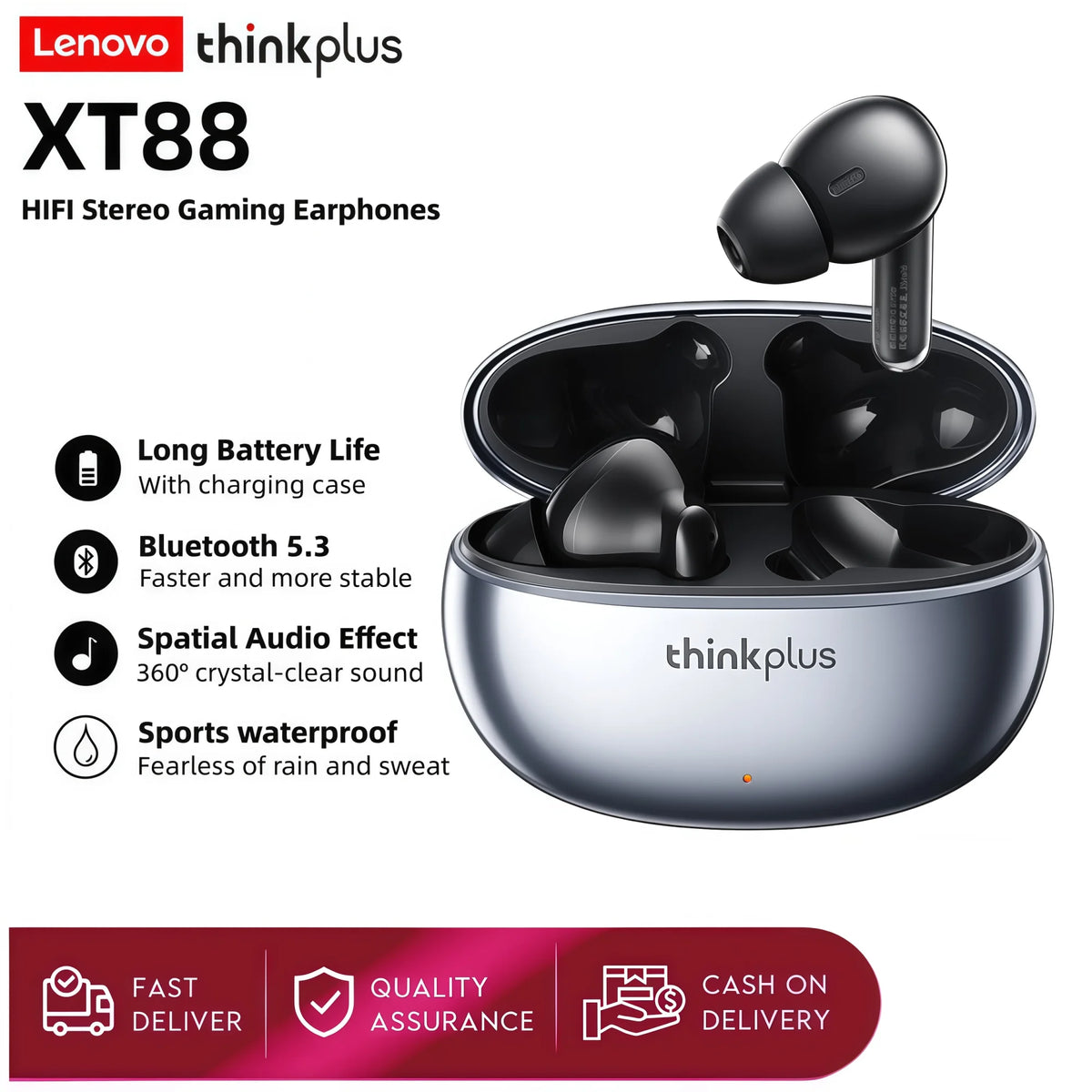 Lenovo XT88 Wireless Earbuds with Charging Case
